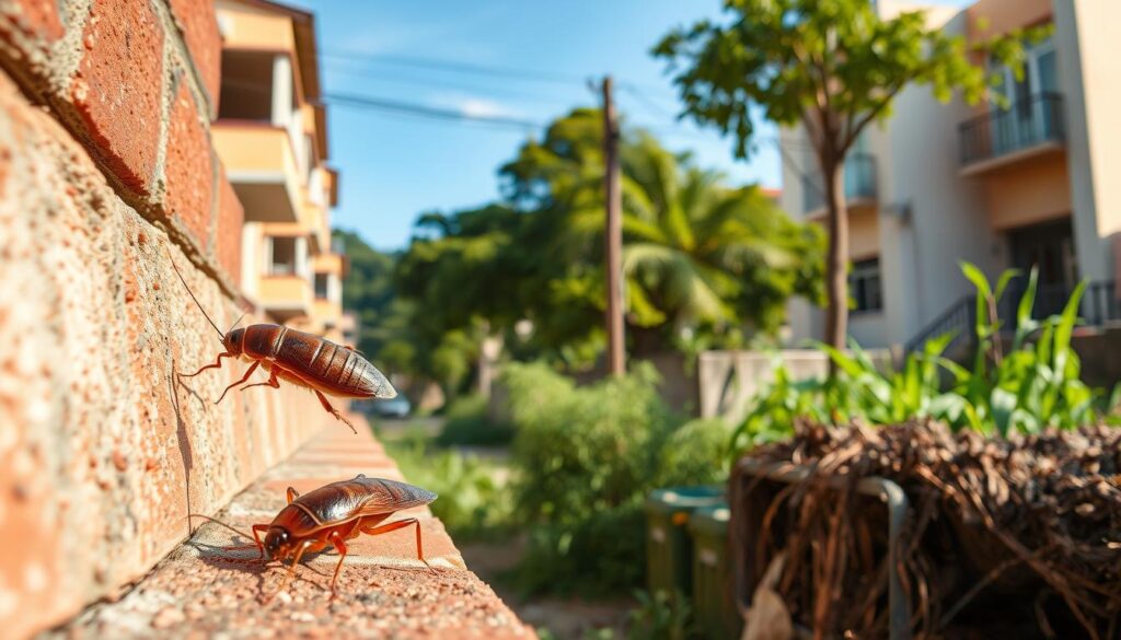 A vibrant urban landscape of Maringá during the day, showcasing common urban pests like cockroaches, ants, and rodents in a realistic and detailed manner. In the foreground, a close-up of a cockroach crawling along a brick wall, highlighting its glossy texture and intricate features. The middle ground features a view of a typical Maringá street with residential buildings, overgrown weeds, and food waste attracting the pests. The background includes lush green trees and a clear blue sky, capturing the contrast between nature and urban life. Soft, natural lighting illuminates the scene, enhancing the details of the pests while maintaining a clean, informative atmosphere. The perspective offers a slightly elevated angle, providing an overview of the pest situation in the city. A vibrant urban landscape of Maringá during the day, showcasing common urban pests like cockroaches, ants, and rodents in a realistic and detailed manner. In the foreground, a close-up of a cockroach crawling along a brick wall, highlighting its glossy texture and intricate features. The middle ground features a view of a typical Maringá street with residential buildings, overgrown weeds, and food waste attracting the pests. The background includes lush green trees and a clear blue sky, capturing the contrast between nature and urban life. Soft, natural lighting illuminates the scene, enhancing the details of the pests while maintaining a clean, informative atmosphere. The perspective offers a slightly elevated angle, providing an overview of the pest situation in the city.