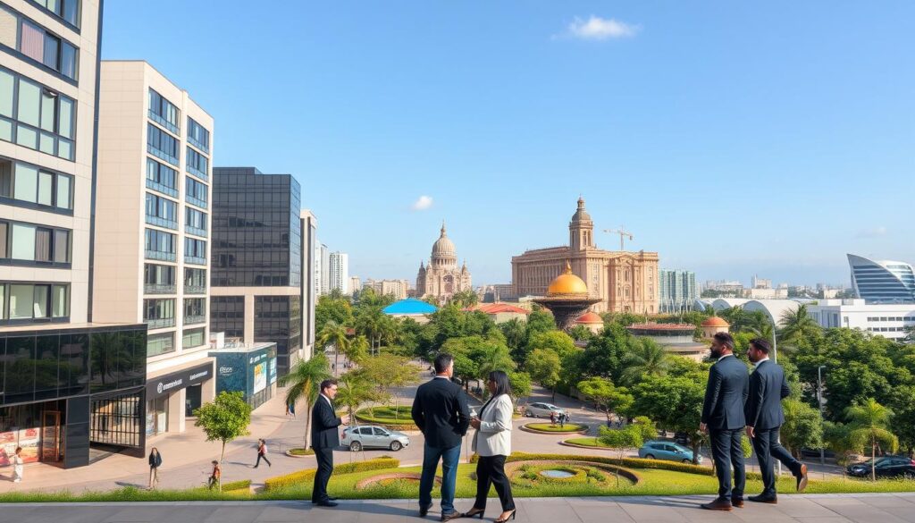 A vibrant urban landscape of Maringá showcasing its economic vitality. In the foreground, a modern business district with sleek high-rise buildings and storefronts, representing real estate opportunities. Group of professionals in business attire discussing investment strategies, conveying a sense of collaboration and ambition. In the middle ground, lush green parks and innovative public spaces, symbolizing the city’s quality of life. The background features a skyline with the iconic Cathedral of Maringá, under a clear blue sky, enhancing the city’s charm. Soft, natural lighting captures a bright and optimistic atmosphere, emphasizing the thriving property market. A slightly elevated angle provides a panoramic view, inviting the viewer into this dynamic urban scene without any text or distractions. A vibrant urban landscape of Maringá showcasing its economic vitality. In the foreground, a modern business district with sleek high-rise buildings and storefronts, representing real estate opportunities. Group of professionals in business attire discussing investment strategies, conveying a sense of collaboration and ambition. In the middle ground, lush green parks and innovative public spaces, symbolizing the city’s quality of life. The background features a skyline with the iconic Cathedral of Maringá, under a clear blue sky, enhancing the city’s charm. Soft, natural lighting captures a bright and optimistic atmosphere, emphasizing the thriving property market. A slightly elevated angle provides a panoramic view, inviting the viewer into this dynamic urban scene without any text or distractions.