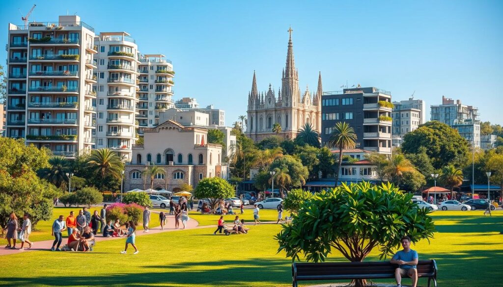 A vibrant urban landscape of Maringá, showcasing its high quality of life. In the foreground, a lush green park filled with families enjoying recreational activities—people strolling, children playing, and couples relaxing on benches. In the middle ground, modern residential buildings of various heights, featuring balconies adorned with plants and flowers, symbolizing community and comfort. The background reveals the iconic cathedral of Maringá, with its unique architecture, against a clear blue sky. Soft, warm daylight bathes the whole scene, giving a welcoming and peaceful atmosphere. The image should convey a sense of tranquility, prosperity, and vitality, captured from a slightly elevated angle to provide an encompassing view of this harmonious urban environment. A vibrant urban landscape of Maringá, showcasing its high quality of life. In the foreground, a lush green park filled with families enjoying recreational activities—people strolling, children playing, and couples relaxing on benches. In the middle ground, modern residential buildings of various heights, featuring balconies adorned with plants and flowers, symbolizing community and comfort. The background reveals the iconic cathedral of Maringá, with its unique architecture, against a clear blue sky. Soft, warm daylight bathes the whole scene, giving a welcoming and peaceful atmosphere. The image should convey a sense of tranquility, prosperity, and vitality, captured from a slightly elevated angle to provide an encompassing view of this harmonious urban environment.