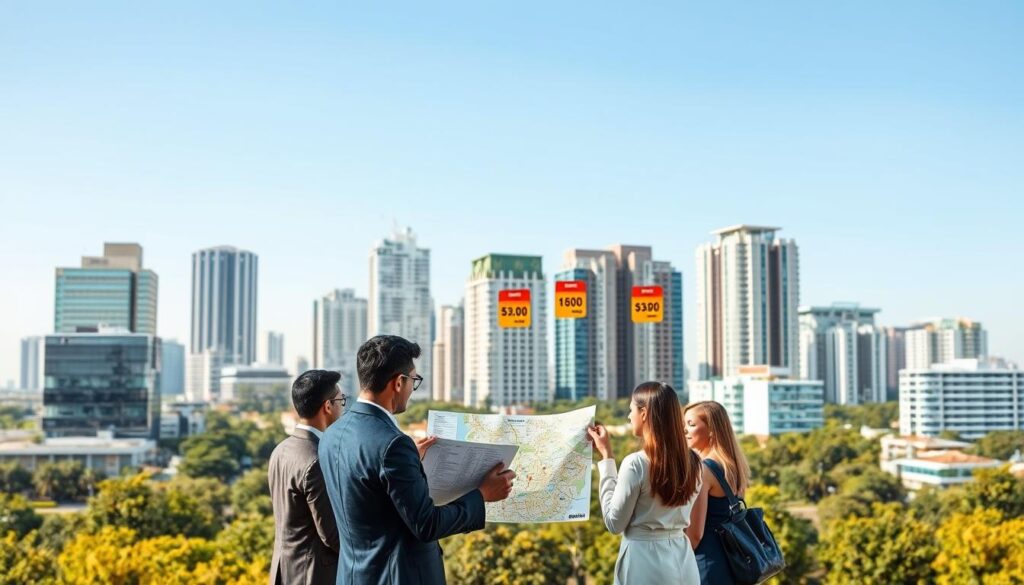 A vibrant urban landscape of Maringá, showcasing key neighborhoods known for real estate appreciation. In the foreground, a diverse group of professionals in business attire examine a modern city map and digital screens, analyzing property values, surrounded by sleek urban architecture and greenery. In the middle, depict high-rise buildings and contemporary residential complexes, symbolizing growth and development, with price tags representing valorization per square meter. The background features a clear blue sky, emphasizing a bright future for these areas. Utilize warm, inviting lighting to create an optimistic mood, captured from a slightly elevated angle to provide a comprehensive view of Maringá's dynamic real estate scene. A vibrant urban landscape of Maringá, showcasing key neighborhoods known for real estate appreciation. In the foreground, a diverse group of professionals in business attire examine a modern city map and digital screens, analyzing property values, surrounded by sleek urban architecture and greenery. In the middle, depict high-rise buildings and contemporary residential complexes, symbolizing growth and development, with price tags representing valorization per square meter. The background features a clear blue sky, emphasizing a bright future for these areas. Utilize warm, inviting lighting to create an optimistic mood, captured from a slightly elevated angle to provide a comprehensive view of Maringá's dynamic real estate scene.