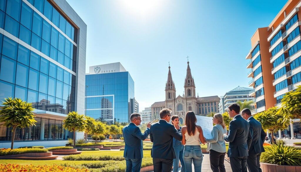 A vibrant urban landscape of Maringá, showcasing modern real estate developments for the year 2026. In the foreground, a sleek, contemporary building with large glass windows reflects the sunlight, surrounded by green spaces with well-maintained landscaping. In the middle ground, a bustling scene features diverse professionals in business attire discussing plans, pointing at architectural blueprints, signifying investment opportunities. In the background, the iconic Maringá Cathedral rises majestically under a clear blue sky, accentuating the city's unique architecture. The sunlight casts warm, inviting tones across the scene, creating a hopeful and optimistic atmosphere for prospective investors. The image captures the essence of growth and opportunity in the real estate market. A vibrant urban landscape of Maringá, showcasing modern real estate developments for the year 2026. In the foreground, a sleek, contemporary building with large glass windows reflects the sunlight, surrounded by green spaces with well-maintained landscaping. In the middle ground, a bustling scene features diverse professionals in business attire discussing plans, pointing at architectural blueprints, signifying investment opportunities. In the background, the iconic Maringá Cathedral rises majestically under a clear blue sky, accentuating the city's unique architecture. The sunlight casts warm, inviting tones across the scene, creating a hopeful and optimistic atmosphere for prospective investors. The image captures the essence of growth and opportunity in the real estate market.