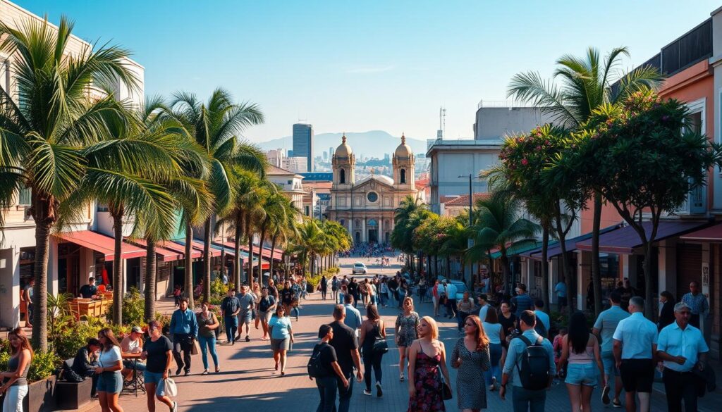 A vibrant urban landscape of Maringá's best neighborhoods, showcasing a mix of modern and traditional Brazilian architecture. In the foreground, a picturesque street lined with palm trees and flowering plants, where diverse groups of people in professional attire and casual clothing interact, enjoying the sunny atmosphere. Moving to the middle ground, highlight cafés, parks, and family-friendly spaces bustling with activity. The background features iconic landmarks such as the impressive Cathedral of Maringá and the skyline of the city under a clear blue sky. Soft, warm sunlight filters through the trees, casting pleasant shadows, creating a welcoming and lively mood that reflects the diverse lifestyles found in Maringá's neighborhoods. Use a wide-angle lens to capture the expansive view. A vibrant urban landscape of Maringá's best neighborhoods, showcasing a mix of modern and traditional Brazilian architecture. In the foreground, a picturesque street lined with palm trees and flowering plants, where diverse groups of people in professional attire and casual clothing interact, enjoying the sunny atmosphere. Moving to the middle ground, highlight cafés, parks, and family-friendly spaces bustling with activity. The background features iconic landmarks such as the impressive Cathedral of Maringá and the skyline of the city under a clear blue sky. Soft, warm sunlight filters through the trees, casting pleasant shadows, creating a welcoming and lively mood that reflects the diverse lifestyles found in Maringá's neighborhoods. Use a wide-angle lens to capture the expansive view.
