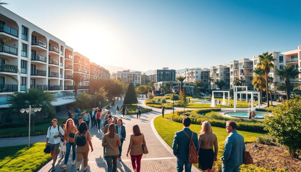 A vibrant urban landscape of Sarandi, showcasing the essence of quality of life. In the foreground, a diverse group of modestly dressed professionals engaged in conversation, surrounded by lush greenery and well-maintained walking paths. The middle ground features modern residential buildings blended with small businesses, emphasizing community and accessibility. In the background, clear blue skies and soft sunlight create a warm atmosphere, illuminating local parks with families enjoying leisurely activities. Light reflections from nearby water features add tranquility. Capture this scene from a slightly elevated angle, with a wide lens to encompass the bustling yet serene environment, conveying a sense of connection, comfort, and vibrant community living in Sarandi. A vibrant urban landscape of Sarandi, showcasing the essence of quality of life. In the foreground, a diverse group of modestly dressed professionals engaged in conversation, surrounded by lush greenery and well-maintained walking paths. The middle ground features modern residential buildings blended with small businesses, emphasizing community and accessibility. In the background, clear blue skies and soft sunlight create a warm atmosphere, illuminating local parks with families enjoying leisurely activities. Light reflections from nearby water features add tranquility. Capture this scene from a slightly elevated angle, with a wide lens to encompass the bustling yet serene environment, conveying a sense of connection, comfort, and vibrant community living in Sarandi.