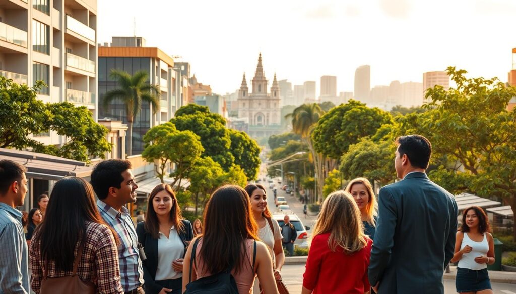 A vibrant urban landscape of a Brazilian city, focusing on Maringá, showcasing its unique architecture and verdant parks. In the foreground, a diverse group of professionals dressed in smart casual attire engaging in animated conversation, highlighting the social aspect of urban living. The middle ground features a bustling street lined with modern buildings, cafes, and trees, illustrating urban planning that accommodates growth. In the background, the skyline of Maringá with its distinct cathedral and ample green spaces, bathed in warm afternoon sunlight. This scene captures the essence of population growth and urban planning, with a bright, optimistic atmosphere suggesting a balanced lifestyle choice between Maringá and São Paulo. Use vibrant colors, a slight aerial perspective, and soft, natural lighting to enhance the inviting and lively ambiance. A vibrant urban landscape of a Brazilian city, focusing on Maringá, showcasing its unique architecture and verdant parks. In the foreground, a diverse group of professionals dressed in smart casual attire engaging in animated conversation, highlighting the social aspect of urban living. The middle ground features a bustling street lined with modern buildings, cafes, and trees, illustrating urban planning that accommodates growth. In the background, the skyline of Maringá with its distinct cathedral and ample green spaces, bathed in warm afternoon sunlight. This scene captures the essence of population growth and urban planning, with a bright, optimistic atmosphere suggesting a balanced lifestyle choice between Maringá and São Paulo. Use vibrant colors, a slight aerial perspective, and soft, natural lighting to enhance the inviting and lively ambiance.