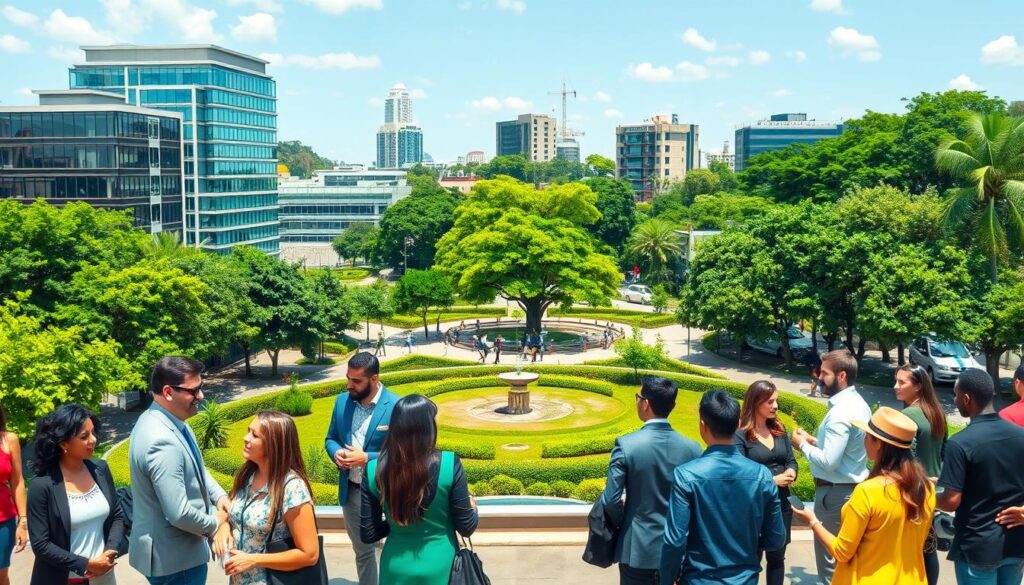 A vibrant urban landscape representing Maringá, Brazil, as a thriving economic hub. In the foreground, depict a diverse group of professionals in business attire engaged in conversation and networking, showcasing collaboration and opportunities. In the middle ground, include modern office buildings and coworking spaces with glass façades, symbolizing innovation and growth. The background features lush greenery and well-maintained parks, highlighting the city's inviting atmosphere. Use bright, natural lighting to create an uplifting mood, and capture the scene from a slightly elevated angle, giving a panoramic view of the bustling city life. Aim for a sense of optimism and energy, emphasizing Maringá as a center of opportunity in Northern Paraná. A vibrant urban landscape representing Maringá, Brazil, as a thriving economic hub. In the foreground, depict a diverse group of professionals in business attire engaged in conversation and networking, showcasing collaboration and opportunities. In the middle ground, include modern office buildings and coworking spaces with glass façades, symbolizing innovation and growth. The background features lush greenery and well-maintained parks, highlighting the city's inviting atmosphere. Use bright, natural lighting to create an uplifting mood, and capture the scene from a slightly elevated angle, giving a panoramic view of the bustling city life. Aim for a sense of optimism and energy, emphasizing Maringá as a center of opportunity in Northern Paraná.