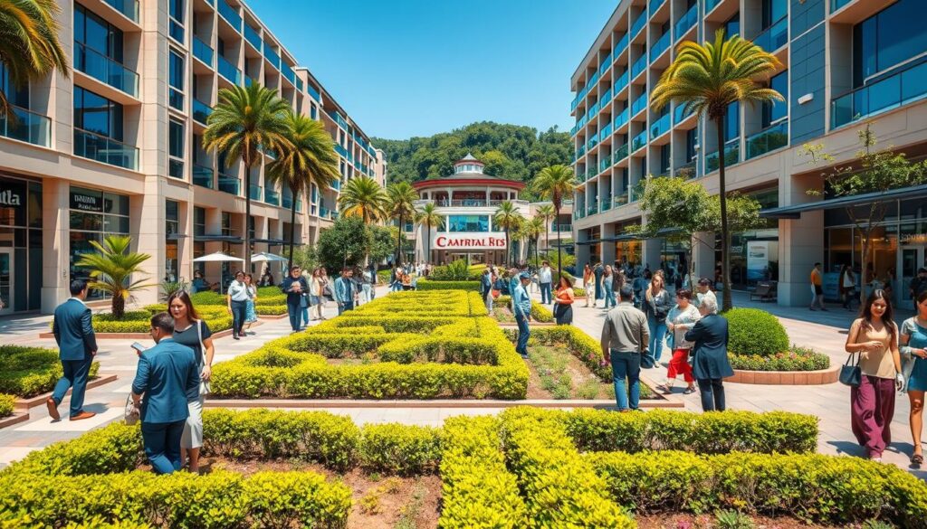 A vibrant urban landscape showcasing an upscale closed condominium community adjacent to a bustling shopping mall. In the foreground, neatly landscaped gardens with healthy shrubs and flowers, and elegantly designed pathways leading to the entrance of the condominiums, where a diverse group of residents in professional business attire and modest casual clothing socializes and enjoys the outdoor space. In the middle ground, the modern architecture of the condominium buildings is visible, incorporating large windows that reflect the blue sky. The background features the shopping mall, bustling with activity, and surrounded by lush greenery. The atmosphere is lively yet serene, bathed in warm afternoon sunlight, captured from a slightly elevated angle to emphasize the strategic location and ease of access to amenities. A vibrant urban landscape showcasing an upscale closed condominium community adjacent to a bustling shopping mall. In the foreground, neatly landscaped gardens with healthy shrubs and flowers, and elegantly designed pathways leading to the entrance of the condominiums, where a diverse group of residents in professional business attire and modest casual clothing socializes and enjoys the outdoor space. In the middle ground, the modern architecture of the condominium buildings is visible, incorporating large windows that reflect the blue sky. The background features the shopping mall, bustling with activity, and surrounded by lush greenery. The atmosphere is lively yet serene, bathed in warm afternoon sunlight, captured from a slightly elevated angle to emphasize the strategic location and ease of access to amenities.