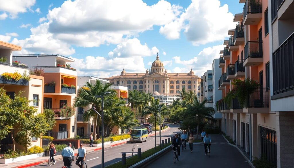 A vibrant urban landscape showcasing modern apartments near UEM in Maringá, Brazil, during a sunny afternoon. In the foreground, beautifully designed apartment buildings with balconies adorned with plants and flowers. The middle ground features a lively street with people in professional attire walking or cycling, mirroring the bustling atmosphere of the area. On the background, the university’s distinctive architecture is visible, set against a bright blue sky with fluffy white clouds. Soft, natural lighting highlights the colors of the scene, creating a welcoming and optimistic mood. The angle is slightly elevated, providing a panoramic view of the neighborhood that emphasizes its charm and proximity to the university. A vibrant urban landscape showcasing modern apartments near UEM in Maringá, Brazil, during a sunny afternoon. In the foreground, beautifully designed apartment buildings with balconies adorned with plants and flowers. The middle ground features a lively street with people in professional attire walking or cycling, mirroring the bustling atmosphere of the area. On the background, the university’s distinctive architecture is visible, set against a bright blue sky with fluffy white clouds. Soft, natural lighting highlights the colors of the scene, creating a welcoming and optimistic mood. The angle is slightly elevated, providing a panoramic view of the neighborhood that emphasizes its charm and proximity to the university.