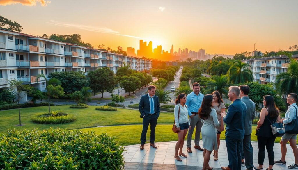 A vibrant urban landscape showcasing quality of life in Maringá, Brazil, in the year 2026. In the foreground, a diverse group of professionals dressed in smart casual attire engage in friendly conversation at a modern park, surrounded by lush greenery. The middle ground features picturesque residential buildings and well-maintained streets lined with trees, emphasizing infrastructure and cleanliness. In the background, the iconic skyline of Maringá can be seen, with a glowing sunset casting warm, golden light over the scene. The atmosphere is lively and optimistic, capturing a sense of community and safety, inviting viewers to envision a thriving neighborhood dedicated to quality living. The image should evoke a feeling of hope and vibrancy. A vibrant urban landscape showcasing quality of life in Maringá, Brazil, in the year 2026. In the foreground, a diverse group of professionals dressed in smart casual attire engage in friendly conversation at a modern park, surrounded by lush greenery. The middle ground features picturesque residential buildings and well-maintained streets lined with trees, emphasizing infrastructure and cleanliness. In the background, the iconic skyline of Maringá can be seen, with a glowing sunset casting warm, golden light over the scene. The atmosphere is lively and optimistic, capturing a sense of community and safety, inviting viewers to envision a thriving neighborhood dedicated to quality living. The image should evoke a feeling of hope and vibrancy.