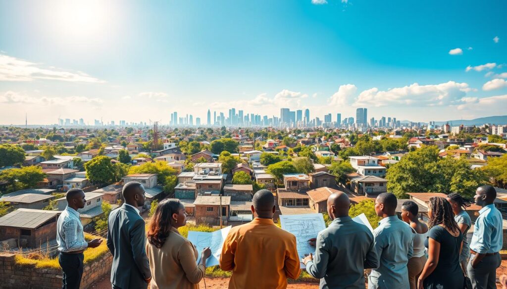 A vibrant urban landscape showcasing the concept of "urban land regularization." In the foreground, a diverse group of professionals in business attire, engaged in discussion with community members, all surrounded by architectural blueprints and urban planning documents. The middle ground features a mix of informal and formal housing structures, symbolizing the transition from informal settlements to regulated communities, with greenery and social spaces integrated. In the background, a city skyline under a bright blue sky with soft sunlight illuminating the scene, highlighting a sense of hope and progress. The atmosphere conveys collaboration and community development, emphasizing the importance of legal frameworks in urban planning. Capture the image with a wide-angle lens for a dynamic perspective. A vibrant urban landscape showcasing the concept of "urban land regularization." In the foreground, a diverse group of professionals in business attire, engaged in discussion with community members, all surrounded by architectural blueprints and urban planning documents. The middle ground features a mix of informal and formal housing structures, symbolizing the transition from informal settlements to regulated communities, with greenery and social spaces integrated. In the background, a city skyline under a bright blue sky with soft sunlight illuminating the scene, highlighting a sense of hope and progress. The atmosphere conveys collaboration and community development, emphasizing the importance of legal frameworks in urban planning. Capture the image with a wide-angle lens for a dynamic perspective.