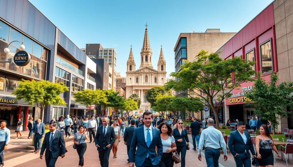 A vibrant urban landscape showcasing the heart of Zona 01 in Maringá, Brazil, with a focus on modern buildings, cafes, and bustling streets. In the foreground, people dressed in professional business attire are walking, engaging in conversations, and enjoying outdoor seating at a cafe. In the middle ground, sleek architecture plays a vital role, with local shops and greenery interspersed along the sidewalks. The background features the iconic Maringá Cathedral, towering above the skyline, under a clear blue sky. The lighting is warm and inviting, suggesting a late afternoon ambiance. Capture the essence of a lively urban routine, portraying a balanced blend of professional life and community interactions, with a slight lens distortion for a dynamic perspective. A vibrant urban landscape showcasing the heart of Zona 01 in Maringá, Brazil, with a focus on modern buildings, cafes, and bustling streets. In the foreground, people dressed in professional business attire are walking, engaging in conversations, and enjoying outdoor seating at a cafe. In the middle ground, sleek architecture plays a vital role, with local shops and greenery interspersed along the sidewalks. The background features the iconic Maringá Cathedral, towering above the skyline, under a clear blue sky. The lighting is warm and inviting, suggesting a late afternoon ambiance. Capture the essence of a lively urban routine, portraying a balanced blend of professional life and community interactions, with a slight lens distortion for a dynamic perspective.