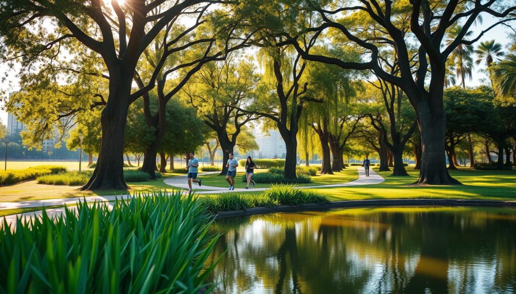 A vibrant urban oasis depicted in "Bosque 2 Maringá," showcasing lush greenery with tall, healthy trees and a well-maintained walking path. In the foreground, a serene pond reflects the blue sky, bordered by native plants. In the middle ground, individuals in modest casual clothing enjoy leisurely walks or jogs, embodying an active lifestyle. The background features a canopy of trees filtering golden sunlight, creating a warm and inviting atmosphere. A playful breeze rustles the leaves, and distant silhouettes of buildings remind viewers of the urban setting. Capture the essence of nature intertwined with sports and community in this peaceful yet lively scene, using a soft focus lens to enhance the tranquility and highlighting sunlight filtering through the branches. A vibrant urban oasis depicted in "Bosque 2 Maringá," showcasing lush greenery with tall, healthy trees and a well-maintained walking path. In the foreground, a serene pond reflects the blue sky, bordered by native plants. In the middle ground, individuals in modest casual clothing enjoy leisurely walks or jogs, embodying an active lifestyle. The background features a canopy of trees filtering golden sunlight, creating a warm and inviting atmosphere. A playful breeze rustles the leaves, and distant silhouettes of buildings remind viewers of the urban setting. Capture the essence of nature intertwined with sports and community in this peaceful yet lively scene, using a soft focus lens to enhance the tranquility and highlighting sunlight filtering through the branches.