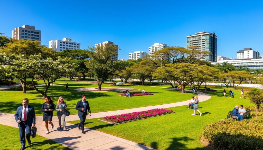 A vibrant urban park in Maringá, showcasing lush greenery, flowering trees, and well-maintained pathways. In the foreground, a diverse group of people—men and women in professional business attire—enjoy leisurely activities such as walking, jogging, and having a picnic on a sunny day. The middle ground features neatly arranged flower beds and benches, inviting relaxation. In the background, contemporary buildings blend harmoniously with the natural landscape, representing a well-planned city infrastructure. A clear blue sky casts warm sunlight over the scene, enhancing the sense of tranquility and quality of life. The atmosphere is peaceful and inviting, embodying the concept of a green urban environment. A vibrant urban park in Maringá, showcasing lush greenery, flowering trees, and well-maintained pathways. In the foreground, a diverse group of people—men and women in professional business attire—enjoy leisurely activities such as walking, jogging, and having a picnic on a sunny day. The middle ground features neatly arranged flower beds and benches, inviting relaxation. In the background, contemporary buildings blend harmoniously with the natural landscape, representing a well-planned city infrastructure. A clear blue sky casts warm sunlight over the scene, enhancing the sense of tranquility and quality of life. The atmosphere is peaceful and inviting, embodying the concept of a green urban environment.