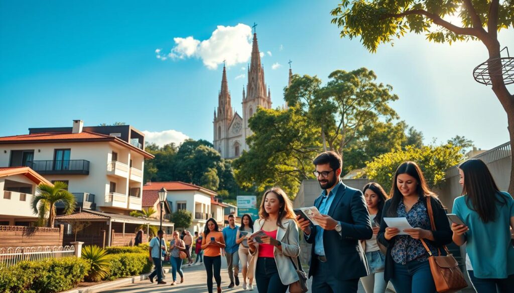 A vibrant urban scene capturing the essence of Maringá, Brazil, as individuals search for their dream homes. In the foreground, a diverse group of people dressed in smart casual clothing discuss home options, holding brochures and using smartphones. The middle ground features a charming street lined with various residential properties, from modern apartments to cozy houses, surrounded by lush greenery. In the background, the iconic Maringá Cathedral towers under a clear blue sky, adding a cultural touch to the environment. The lighting is warm, enhancing the welcoming atmosphere of the scene, with sun rays filtering through the trees. The image is shot from a slightly elevated angle, giving a broad view of the bustling search process in this beautiful city. The overall mood is hopeful and vibrant, reflecting the journey of finding a home. A vibrant urban scene capturing the essence of Maringá, Brazil, as individuals search for their dream homes. In the foreground, a diverse group of people dressed in smart casual clothing discuss home options, holding brochures and using smartphones. The middle ground features a charming street lined with various residential properties, from modern apartments to cozy houses, surrounded by lush greenery. In the background, the iconic Maringá Cathedral towers under a clear blue sky, adding a cultural touch to the environment. The lighting is warm, enhancing the welcoming atmosphere of the scene, with sun rays filtering through the trees. The image is shot from a slightly elevated angle, giving a broad view of the bustling search process in this beautiful city. The overall mood is hopeful and vibrant, reflecting the journey of finding a home.
