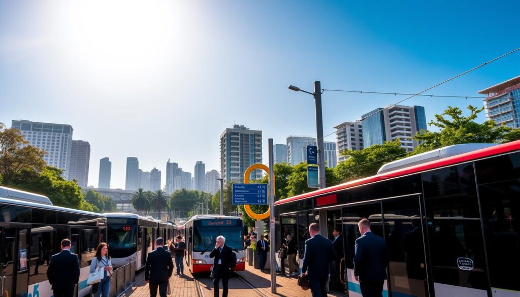 A vibrant urban scene depicting "Cidade Canção," focusing on a busy public transport hub. In the foreground, modern buses and trams, with passengers waiting and boarding, all dressed in professional attire, embodying the daily commute. The middle ground features well-designed bus stops and signage for various transport lines, clearly marked and organized. Lush greenery and urban art installations add a lively touch, representing the city's culture. In the background, a skyline of contemporary buildings under a bright blue sky, with soft sunlight creating a warm atmosphere. Capture this scene from a slightly elevated angle, highlighting the bustling activity while ensuring the overall mood is dynamic and efficient, reflecting the essence of urban transport in Jardim Alvorada. A vibrant urban scene depicting "Cidade Canção," focusing on a busy public transport hub. In the foreground, modern buses and trams, with passengers waiting and boarding, all dressed in professional attire, embodying the daily commute. The middle ground features well-designed bus stops and signage for various transport lines, clearly marked and organized. Lush greenery and urban art installations add a lively touch, representing the city's culture. In the background, a skyline of contemporary buildings under a bright blue sky, with soft sunlight creating a warm atmosphere. Capture this scene from a slightly elevated angle, highlighting the bustling activity while ensuring the overall mood is dynamic and efficient, reflecting the essence of urban transport in Jardim Alvorada.
