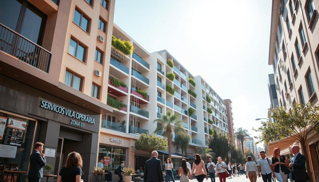 A vibrant urban scene depicting "Serviços Vila Operária" in Zona 03, showcasing essential services for students. In the foreground, a well-maintained street with cafés and small shops bustling with students in professional business attire and modest casual clothing. The middle ground features modern residential buildings with green spaces, emphasizing comfort and accessibility. In the background, a clear sky allows natural light to illuminate the scene, highlighting the inviting atmosphere. The composition is captured from a low angle to accentuate the height of the buildings and create a sense of depth. The overall mood is lively and practical, promoting a sense of community and convenience for students. A vibrant urban scene depicting "Serviços Vila Operária" in Zona 03, showcasing essential services for students. In the foreground, a well-maintained street with cafés and small shops bustling with students in professional business attire and modest casual clothing. The middle ground features modern residential buildings with green spaces, emphasizing comfort and accessibility. In the background, a clear sky allows natural light to illuminate the scene, highlighting the inviting atmosphere. The composition is captured from a low angle to accentuate the height of the buildings and create a sense of depth. The overall mood is lively and practical, promoting a sense of community and convenience for students.