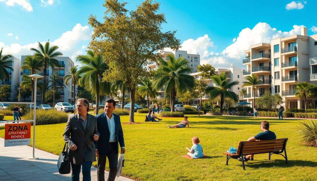 A vibrant urban scene depicting Zona 7 in Maringá, showcasing a modern residential neighborhood with well-maintained apartments and lush green parks. In the foreground, a couple dressed in professional business attire is walking, looking at a rental apartment sign with interest. In the middle ground, families are enjoying the park with children playing on the grass, while others are sitting on benches, engaged in conversation. Various modern architecture styles can be seen, reflecting a blend of contemporary designs. The background features tall trees lining the streets and a bright blue sky with soft, fluffy clouds. The lighting is warm and inviting, suggesting a sunny day, capturing the lively and welcoming atmosphere of the area. The image should evoke a sense of community and attractiveness for potential renters. A vibrant urban scene depicting Zona 7 in Maringá, showcasing a modern residential neighborhood with well-maintained apartments and lush green parks. In the foreground, a couple dressed in professional business attire is walking, looking at a rental apartment sign with interest. In the middle ground, families are enjoying the park with children playing on the grass, while others are sitting on benches, engaged in conversation. Various modern architecture styles can be seen, reflecting a blend of contemporary designs. The background features tall trees lining the streets and a bright blue sky with soft, fluffy clouds. The lighting is warm and inviting, suggesting a sunny day, capturing the lively and welcoming atmosphere of the area. The image should evoke a sense of community and attractiveness for potential renters.