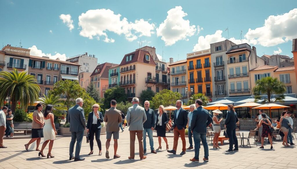 A vibrant urban scene depicting a bustling "bairro" in a sunny, open environment. In the foreground, a diverse group of professionals in business attire engage in a discussion, while others admire the local architecture, showcasing a blend of modern and traditional buildings. In the middle ground, cafes with outdoor seating and greenery create a lively atmosphere. A park area with families enjoying leisure time adds warmth to the scene. In the background, a clear blue sky with soft, fluffy clouds enhances the joyful ambiance. The lighting is bright and inviting, capturing the essence of a thriving community. The composition should evoke feelings of optimism and growth, suggesting a potential for future development. A vibrant urban scene depicting a bustling "bairro" in a sunny, open environment. In the foreground, a diverse group of professionals in business attire engage in a discussion, while others admire the local architecture, showcasing a blend of modern and traditional buildings. In the middle ground, cafes with outdoor seating and greenery create a lively atmosphere. A park area with families enjoying leisure time adds warmth to the scene. In the background, a clear blue sky with soft, fluffy clouds enhances the joyful ambiance. The lighting is bright and inviting, capturing the essence of a thriving community. The composition should evoke feelings of optimism and growth, suggesting a potential for future development.