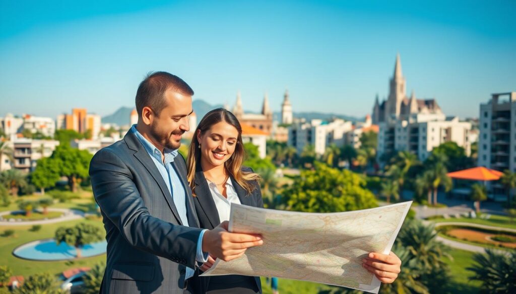 A vibrant urban scene depicting a high-quality lifestyle in Maringá, Brazil. In the foreground, a professional couple in business attire is engaged in discussion while examining a detailed urban map. In the middle ground, there are modern residential buildings with lush greenery and well-maintained parks that reflect luxury living. The background showcases Maringá’s distinctive architecture, including the Cathedral of Maringá, under a clear blue sky. The lighting is warm and inviting, suggesting a bright afternoon. The atmosphere is optimistic and professional, conveying the essence of investment in a high-standard living environment. The composition should have a slight tilt, capturing both the couple and the impressive skyline. A vibrant urban scene depicting a high-quality lifestyle in Maringá, Brazil. In the foreground, a professional couple in business attire is engaged in discussion while examining a detailed urban map. In the middle ground, there are modern residential buildings with lush greenery and well-maintained parks that reflect luxury living. The background showcases Maringá’s distinctive architecture, including the Cathedral of Maringá, under a clear blue sky. The lighting is warm and inviting, suggesting a bright afternoon. The atmosphere is optimistic and professional, conveying the essence of investment in a high-standard living environment. The composition should have a slight tilt, capturing both the couple and the impressive skyline.