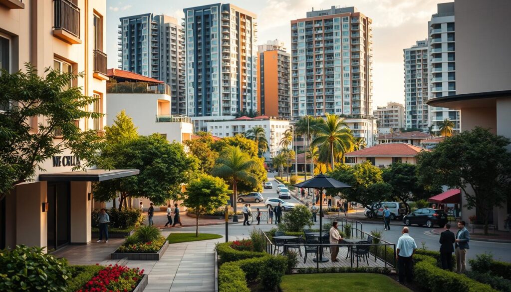 A vibrant urban scene depicting a selection of popular neighborhoods for apartment rentals in Maringá, Brazil. In the foreground, showcase a well-maintained residential building with a welcoming entrance, surrounded by lush greenery and flowerbeds. The middle ground should feature a bustling street filled with local cafes, shops, and public parks, bustling with professionally dressed people and families enjoying their day. In the background, include modern high-rise apartments and low-rise houses to represent diverse living options. The lighting is warm and inviting, capturing the late afternoon sun, with a soft focus on the buildings to emphasize a cozy atmosphere. The image should feel inviting and dynamic, highlighting the residential appeal of Maringá’s neighborhoods without any text or overlays. A vibrant urban scene depicting a selection of popular neighborhoods for apartment rentals in Maringá, Brazil. In the foreground, showcase a well-maintained residential building with a welcoming entrance, surrounded by lush greenery and flowerbeds. The middle ground should feature a bustling street filled with local cafes, shops, and public parks, bustling with professionally dressed people and families enjoying their day. In the background, include modern high-rise apartments and low-rise houses to represent diverse living options. The lighting is warm and inviting, capturing the late afternoon sun, with a soft focus on the buildings to emphasize a cozy atmosphere. The image should feel inviting and dynamic, highlighting the residential appeal of Maringá’s neighborhoods without any text or overlays.
