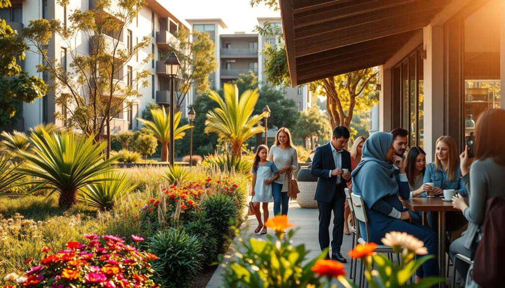 A vibrant urban scene depicting daily life in Eurogarden, Maringá. In the foreground, a group of diverse residents dressed in professional business attire and modest casual clothing socialize at a coffee shop terrace, enjoying their morning coffees. In the middle ground, lush greenery and colorful flowers reflect the harmonious blend of nature within this community; a family strolls with their children, embodying a sense of leisure and connection. The background features modern residential buildings, with large windows allowing sunlight to pour in, showcasing an inviting atmosphere. The scene is bathed in warm, golden afternoon light, evoking a relaxed and cheerful mood. A soft focus effect captures the essence of a vibrant, interconnected community life with a One Stop Life concept. A vibrant urban scene depicting daily life in Eurogarden, Maringá. In the foreground, a group of diverse residents dressed in professional business attire and modest casual clothing socialize at a coffee shop terrace, enjoying their morning coffees. In the middle ground, lush greenery and colorful flowers reflect the harmonious blend of nature within this community; a family strolls with their children, embodying a sense of leisure and connection. The background features modern residential buildings, with large windows allowing sunlight to pour in, showcasing an inviting atmosphere. The scene is bathed in warm, golden afternoon light, evoking a relaxed and cheerful mood. A soft focus effect captures the essence of a vibrant, interconnected community life with a One Stop Life concept.