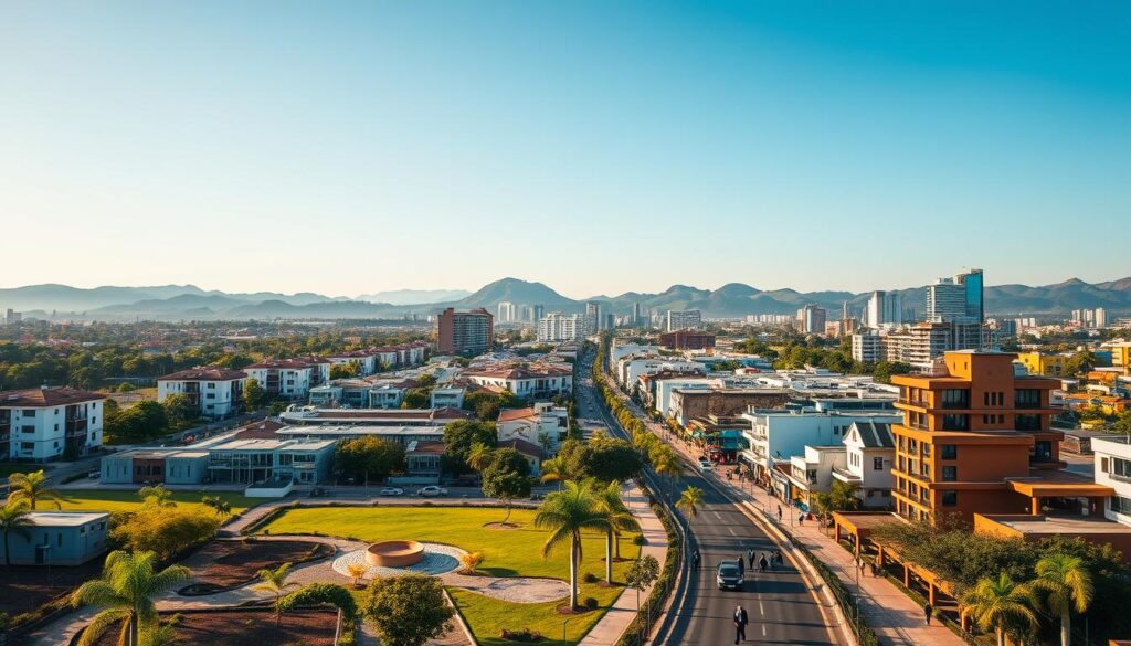 A vibrant urban scene depicting the development of Sarandi, Brazil. In the foreground, an array of modern residential buildings interspersed with green parks and small commercial areas, showcasing the blend of nature and urban life. In the middle ground, people in professional business attire walk along a busy street, highlighting the community's growth and diversity. The background features rolling hills and distant skyline, suggesting the historical trajectory and future expansion of the city. The lighting is warm and inviting, simulating late afternoon with soft golden hues, enhancing the atmosphere of progress and optimism. Use a wide-angle perspective to capture the bustling energy of the area, ensuring the mood reflects a thriving urban environment on the rise. A vibrant urban scene depicting the development of Sarandi, Brazil. In the foreground, an array of modern residential buildings interspersed with green parks and small commercial areas, showcasing the blend of nature and urban life. In the middle ground, people in professional business attire walk along a busy street, highlighting the community's growth and diversity. The background features rolling hills and distant skyline, suggesting the historical trajectory and future expansion of the city. The lighting is warm and inviting, simulating late afternoon with soft golden hues, enhancing the atmosphere of progress and optimism. Use a wide-angle perspective to capture the bustling energy of the area, ensuring the mood reflects a thriving urban environment on the rise.