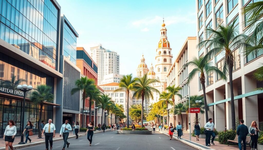 A vibrant urban scene depicting the infrastructure of Zona 07 in Maringá, Brazil. In the foreground, showcase a lively street with modern buildings featuring sleek facades in glass and concrete. Include residents and professionals in business attire casually engaging, such as walking or chatting. In the middle ground, depict strategic green spaces with palm trees and benches, enhancing the neighborhood's livability. The background should feature iconic Maringá architecture and a clear blue sky, emphasizing a bright, welcoming atmosphere. Use warm, natural lighting to evoke a sense of comfort and community. Capture a slightly elevated angle to encapsulate the vibrancy of urban life in this modern zone. A vibrant urban scene depicting the infrastructure of Zona 07 in Maringá, Brazil. In the foreground, showcase a lively street with modern buildings featuring sleek facades in glass and concrete. Include residents and professionals in business attire casually engaging, such as walking or chatting. In the middle ground, depict strategic green spaces with palm trees and benches, enhancing the neighborhood's livability. The background should feature iconic Maringá architecture and a clear blue sky, emphasizing a bright, welcoming atmosphere. Use warm, natural lighting to evoke a sense of comfort and community. Capture a slightly elevated angle to encapsulate the vibrancy of urban life in this modern zone.