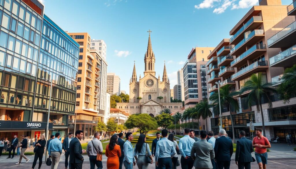 A vibrant urban scene depicting the real estate market of Maringá, Brazil, with a focus on modern architecture and flourishing developments. In the foreground, a diverse group of professionals in business attire engages in discussions, surrounded by sleek real estate office buildings with large glass facades. The middle ground features a mix of residential and commercial properties, showcasing inviting storefronts, green parks, and contemporary apartments. In the background, the iconic Maringá Cathedral rises against a clear blue sky, symbolizing the city's unique identity. Capture the warm golden hour lighting, enhancing the inviting atmosphere. Use a wide-angle lens to emphasize the dynamic cityscape, highlighting the expansion and growth of Maringá's real estate market. A vibrant urban scene depicting the real estate market of Maringá, Brazil, with a focus on modern architecture and flourishing developments. In the foreground, a diverse group of professionals in business attire engages in discussions, surrounded by sleek real estate office buildings with large glass facades. The middle ground features a mix of residential and commercial properties, showcasing inviting storefronts, green parks, and contemporary apartments. In the background, the iconic Maringá Cathedral rises against a clear blue sky, symbolizing the city's unique identity. Capture the warm golden hour lighting, enhancing the inviting atmosphere. Use a wide-angle lens to emphasize the dynamic cityscape, highlighting the expansion and growth of Maringá's real estate market.