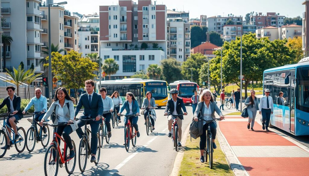 A vibrant urban scene illustrating "mobilidade vila operária" in a modern neighborhood. In the foreground, a diverse group of individuals dressed in professional attire and modest casual clothing are engaged in various modes of transport - riding bicycles, walking, and waiting at a bus stop. The middle ground features well-maintained bike lanes and public transport options like buses, emphasizing accessibility. The background showcases a mix of residential buildings and green spaces, all bathed in warm, natural sunlight, casting gentle shadows that enhance the lively atmosphere. The composition highlights the efficient and interconnected mobility options available in this thriving community, captured from a slight high-angle perspective to provide an expansive view of the area. A vibrant urban scene illustrating "mobilidade vila operária" in a modern neighborhood. In the foreground, a diverse group of individuals dressed in professional attire and modest casual clothing are engaged in various modes of transport - riding bicycles, walking, and waiting at a bus stop. The middle ground features well-maintained bike lanes and public transport options like buses, emphasizing accessibility. The background showcases a mix of residential buildings and green spaces, all bathed in warm, natural sunlight, casting gentle shadows that enhance the lively atmosphere. The composition highlights the efficient and interconnected mobility options available in this thriving community, captured from a slight high-angle perspective to provide an expansive view of the area.