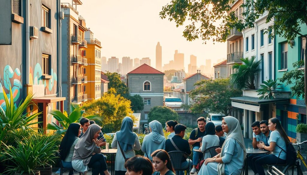 A vibrant urban scene in São Paulo's Zona 07, depicting a lively student neighborhood. In the foreground, a group of diverse university students in casual, modest clothing engage in conversation at an outdoor café, surrounded by lush greenery and colorful murals on nearby buildings. The middle ground showcases charming, art-deco apartment buildings, some housing student accommodations, with bicycles parked outside. In the background, the skyline of São Paulo rises, touched by golden sunlight during the late afternoon, creating an inviting atmosphere. The image captures the essence of student life with a sense of community, ambition, and cultural richness, framed by soft, warm lighting to evoke a friendly vibe. A vibrant urban scene in São Paulo's Zona 07, depicting a lively student neighborhood. In the foreground, a group of diverse university students in casual, modest clothing engage in conversation at an outdoor café, surrounded by lush greenery and colorful murals on nearby buildings. The middle ground showcases charming, art-deco apartment buildings, some housing student accommodations, with bicycles parked outside. In the background, the skyline of São Paulo rises, touched by golden sunlight during the late afternoon, creating an inviting atmosphere. The image captures the essence of student life with a sense of community, ambition, and cultural richness, framed by soft, warm lighting to evoke a friendly vibe.