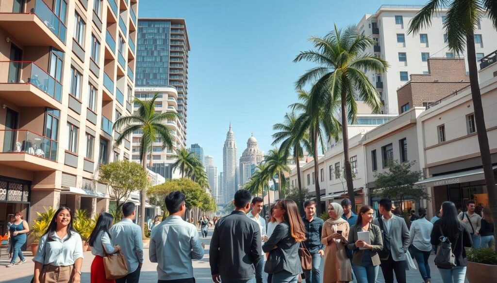 A vibrant urban scene in Zona 07, Maringá, showcasing a lively university community. In the foreground, a diverse group of university students, dressed in professional business attire and modest casual clothing, engage in dynamic discussions outside a modern apartment building. The middle ground features well-maintained streets lined with cafes and shops, bustling with life. Tall trees and greenery enhance the cityscape, while the background highlights iconic buildings and a clear blue sky. Soft, warm lighting reflects a sunny day, evoking a sense of opportunity and growth. The overall mood is energetic and inviting, illustrating the appeal of Zona 07 for investors interested in urban living and academic vibrancy. A vibrant urban scene in Zona 07, Maringá, showcasing a lively university community. In the foreground, a diverse group of university students, dressed in professional business attire and modest casual clothing, engage in dynamic discussions outside a modern apartment building. The middle ground features well-maintained streets lined with cafes and shops, bustling with life. Tall trees and greenery enhance the cityscape, while the background highlights iconic buildings and a clear blue sky. Soft, warm lighting reflects a sunny day, evoking a sense of opportunity and growth. The overall mood is energetic and inviting, illustrating the appeal of Zona 07 for investors interested in urban living and academic vibrancy.