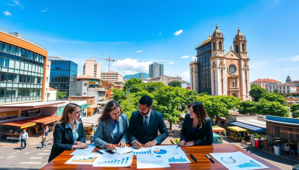A vibrant urban scene of Maringá, Brazil, showcasing its unique economic landscape. In the foreground, a diverse group of professionals in smart business attire discuss over a table filled with charts and graphs, highlighting the cost of living and business growth in the area. The middle ground features iconic local architecture, including modern office buildings and small businesses, with a bustling marketplace that reflects the region's economic activity. In the background, lush greenery frames the skyline, with the famous Maringá Cathedral prominently visible under a bright blue sky. The lighting is bright and warm, suggesting a sunny day, while the overall atmosphere embodies a sense of energy and opportunity in the flourishing economy. Capture this dynamic composition with a wide-angle lens to emphasize depth. A vibrant urban scene of Maringá, Brazil, showcasing its unique economic landscape. In the foreground, a diverse group of professionals in smart business attire discuss over a table filled with charts and graphs, highlighting the cost of living and business growth in the area. The middle ground features iconic local architecture, including modern office buildings and small businesses, with a bustling marketplace that reflects the region's economic activity. In the background, lush greenery frames the skyline, with the famous Maringá Cathedral prominently visible under a bright blue sky. The lighting is bright and warm, suggesting a sunny day, while the overall atmosphere embodies a sense of energy and opportunity in the flourishing economy. Capture this dynamic composition with a wide-angle lens to emphasize depth.
