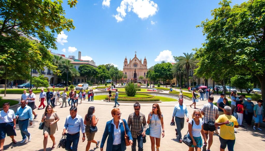 A vibrant urban scene of Maringá, Brazil, showcasing the city's high quality of life. In the foreground, there are diverse individuals enjoying a sunny day, dressed in professional attire and casual clothing, engaging in activities like strolling, discussing, and relaxing at a park. The middle ground features iconic architecture, such as the Cathedral of Maringá, surrounded by lush greenery and well-maintained gardens. The background reveals a clear blue sky with a few fluffy clouds, casting soft, natural light across the scene. The atmosphere is lively and welcoming, reflecting a community-oriented lifestyle. Use a wide-angle perspective to capture the essence of the city and its harmonious blend of urban development and nature. A vibrant urban scene of Maringá, Brazil, showcasing the city's high quality of life. In the foreground, there are diverse individuals enjoying a sunny day, dressed in professional attire and casual clothing, engaging in activities like strolling, discussing, and relaxing at a park. The middle ground features iconic architecture, such as the Cathedral of Maringá, surrounded by lush greenery and well-maintained gardens. The background reveals a clear blue sky with a few fluffy clouds, casting soft, natural light across the scene. The atmosphere is lively and welcoming, reflecting a community-oriented lifestyle. Use a wide-angle perspective to capture the essence of the city and its harmonious blend of urban development and nature.