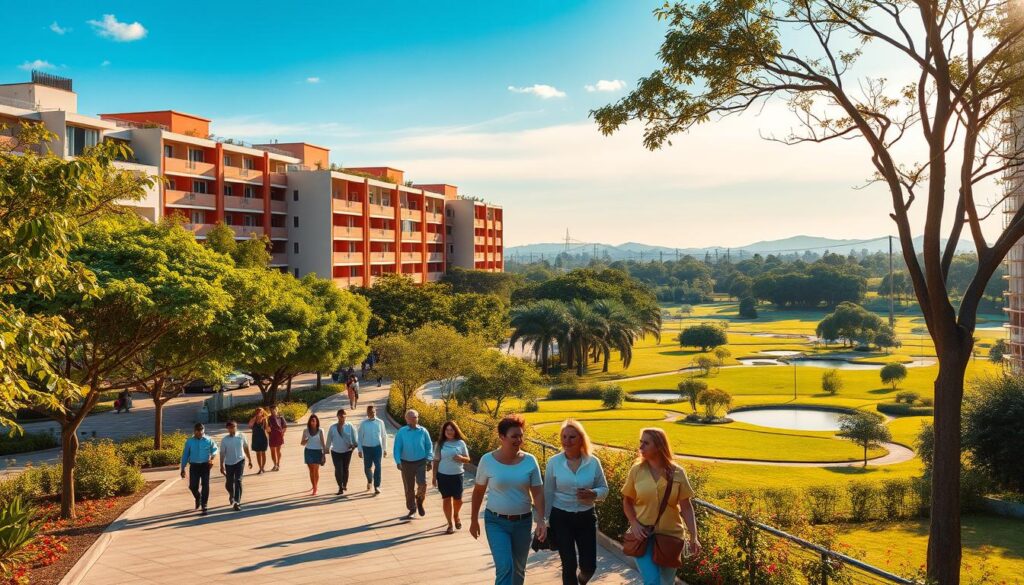 A vibrant urban scene of Zona 03, showcasing a mix of modern apartment buildings and lush greenery, with the famous Parque do Ingá in the background. In the foreground, include a neatly paved walkway with trees lining both sides, inviting residents for leisurely strolls. People of diverse backgrounds in professional attire walk together, enjoying the community atmosphere. The middle ground features colorful buildings with balconies adorned with plants, while the park's expansive lawns and serene ponds stretch in the background under bright blue skies. Golden sunshine bathes the scene, creating a warm and welcoming ambiance. Capture the essence of a desirable neighborhood that blends urban living with nature's tranquility, emphasizing the allure of Zona 03. A vibrant urban scene of Zona 03, showcasing a mix of modern apartment buildings and lush greenery, with the famous Parque do Ingá in the background. In the foreground, include a neatly paved walkway with trees lining both sides, inviting residents for leisurely strolls. People of diverse backgrounds in professional attire walk together, enjoying the community atmosphere. The middle ground features colorful buildings with balconies adorned with plants, while the park's expansive lawns and serene ponds stretch in the background under bright blue skies. Golden sunshine bathes the scene, creating a warm and welcoming ambiance. Capture the essence of a desirable neighborhood that blends urban living with nature's tranquility, emphasizing the allure of Zona 03.