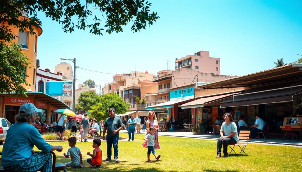 A vibrant urban scene of bairro Maringá in Zona 07, showcasing its charm and community atmosphere. In the foreground, depict a diverse family enjoying a peaceful moment at a local park, with children playing and parents chatting, all in modest casual clothing. The middle ground features a mix of quaint shops and cafes, showcasing daily life, with locals interacting. The background reveals residential buildings under a clear blue sky, providing a sense of safety and community. Use warm, natural lighting to create a welcoming and friendly mood, with a slight angle that draws the viewer into the scene, emphasizing the balance of activity and tranquility in this family-oriented neighborhood. A vibrant urban scene of bairro Maringá in Zona 07, showcasing its charm and community atmosphere. In the foreground, depict a diverse family enjoying a peaceful moment at a local park, with children playing and parents chatting, all in modest casual clothing. The middle ground features a mix of quaint shops and cafes, showcasing daily life, with locals interacting. The background reveals residential buildings under a clear blue sky, providing a sense of safety and community. Use warm, natural lighting to create a welcoming and friendly mood, with a slight angle that draws the viewer into the scene, emphasizing the balance of activity and tranquility in this family-oriented neighborhood.