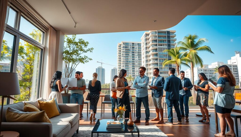 A vibrant urban scene showcasing a furnished apartment rental market in Maringá, Brazil. In the foreground, display a stylish living room with modern furniture—like a plush sofa, a chic coffee table, and decorative items. A sunlit window offers a view of green trees outside. In the middle ground, depict groups of individuals, both couples and professionals, engaging in discussions with real estate agents, looking at property pamphlets, and exploring the furnished units. In the background, include elements typical of Maringá, such as contemporary apartment buildings and palm trees, under a clear blue sky. Use warm, inviting lighting to create a friendly atmosphere, ideally captured from a slightly elevated angle to emphasize interaction and the bustling market vibe. A vibrant urban scene showcasing a furnished apartment rental market in Maringá, Brazil. In the foreground, display a stylish living room with modern furniture—like a plush sofa, a chic coffee table, and decorative items. A sunlit window offers a view of green trees outside. In the middle ground, depict groups of individuals, both couples and professionals, engaging in discussions with real estate agents, looking at property pamphlets, and exploring the furnished units. In the background, include elements typical of Maringá, such as contemporary apartment buildings and palm trees, under a clear blue sky. Use warm, inviting lighting to create a friendly atmosphere, ideally captured from a slightly elevated angle to emphasize interaction and the bustling market vibe.
