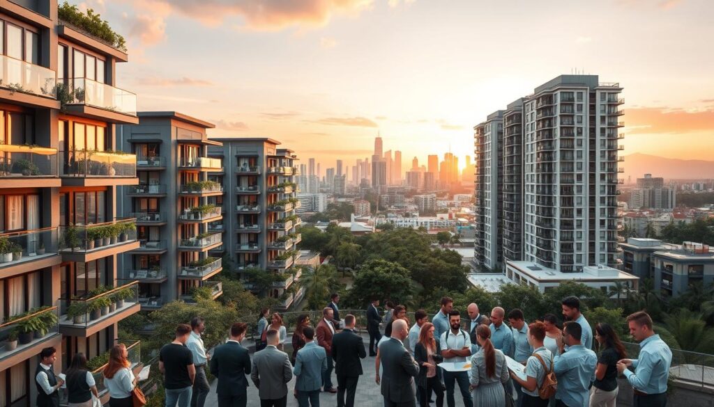 A vibrant urban scene showcasing new real estate developments in Maringá, Brazil, in the year 2026. In the foreground, contemporary apartment buildings with large windows and modern architecture, featuring balconies adorned with greenery. In the middle ground, diverse groups of people in professional attire discussing plans, with some examining architectural models. The background displays the iconic Maringá skyline at sunset, with soft orange and pink hues illuminating the sky. The scene is bustling yet organized, capturing a sense of opportunity and growth in the real estate market. The lighting is warm and inviting, suggesting a hopeful atmosphere for future investments. A wide-angle perspective emphasizes the scale and beauty of the surroundings. A vibrant urban scene showcasing new real estate developments in Maringá, Brazil, in the year 2026. In the foreground, contemporary apartment buildings with large windows and modern architecture, featuring balconies adorned with greenery. In the middle ground, diverse groups of people in professional attire discussing plans, with some examining architectural models. The background displays the iconic Maringá skyline at sunset, with soft orange and pink hues illuminating the sky. The scene is bustling yet organized, capturing a sense of opportunity and growth in the real estate market. The lighting is warm and inviting, suggesting a hopeful atmosphere for future investments. A wide-angle perspective emphasizes the scale and beauty of the surroundings.