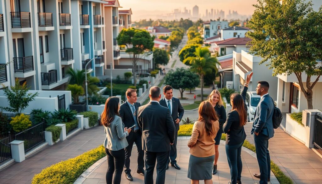 A vibrant urban scene showcasing residential properties in Zona 3, Maringá, with a blend of modern apartments and charming houses, surrounded by greenery and well-maintained sidewalks. In the foreground, a diverse group of professionals, dressed in smart business attire, discuss real estate opportunities enthusiastically. The middle ground features a well-lit street lined with trees and local shops, while the background includes a skyline silhouette of Maringá, enhancing the sense of a thriving neighborhood. The lighting is warm and inviting, capturing a late afternoon sun, with a slightly elevated angle that provides a panoramic view of the area. The mood is optimistic, emphasizing the potential for investment and vibrant community life in Zona 3. A vibrant urban scene showcasing residential properties in Zona 3, Maringá, with a blend of modern apartments and charming houses, surrounded by greenery and well-maintained sidewalks. In the foreground, a diverse group of professionals, dressed in smart business attire, discuss real estate opportunities enthusiastically. The middle ground features a well-lit street lined with trees and local shops, while the background includes a skyline silhouette of Maringá, enhancing the sense of a thriving neighborhood. The lighting is warm and inviting, capturing a late afternoon sun, with a slightly elevated angle that provides a panoramic view of the area. The mood is optimistic, emphasizing the potential for investment and vibrant community life in Zona 3.