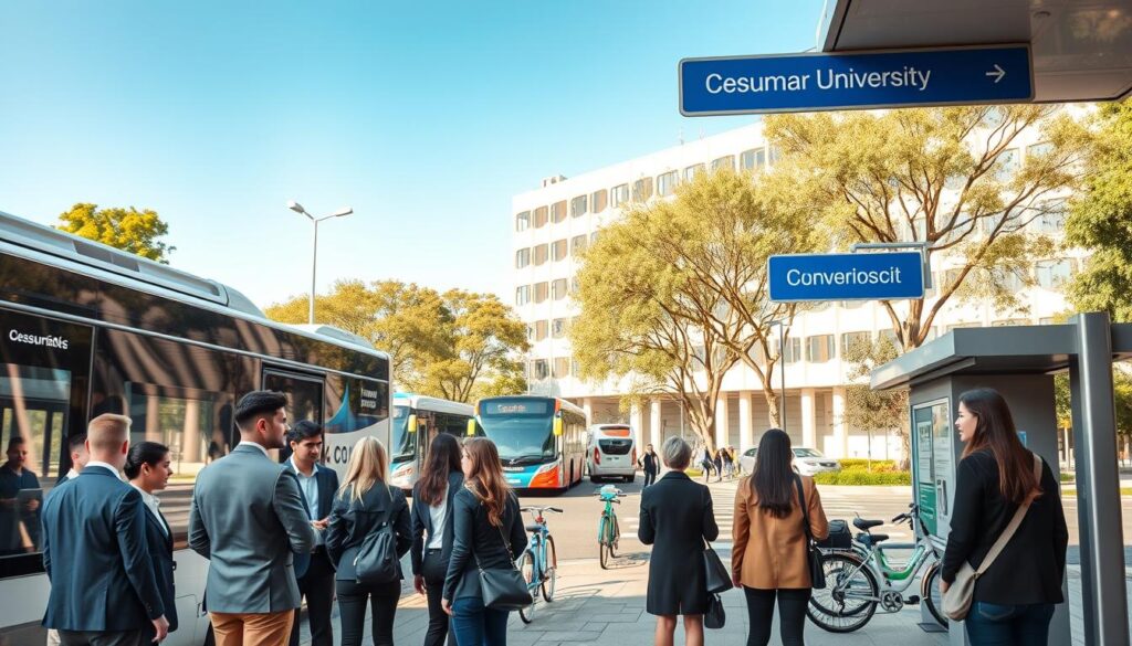 A vibrant urban scene showcasing student transport access points near the Cesumar University campus in Zona 03. In the foreground, a group of diverse students, dressed in professional business attire, is chatting and waiting at a bus stop adorned with sleek signage and a bike-sharing station. The middle ground features modern buses and cyclists maneuvering, with trees and greenery offering a pleasant touch. In the background, the Cesumar University building stands prominently, reflecting a bright blue sky. Soft, natural daylight illuminates the scene, casting gentle shadows. The overall atmosphere is lively and supportive, emphasizing logistics, accessibility, and convenience for students in their daily routines. A vibrant urban scene showcasing student transport access points near the Cesumar University campus in Zona 03. In the foreground, a group of diverse students, dressed in professional business attire, is chatting and waiting at a bus stop adorned with sleek signage and a bike-sharing station. The middle ground features modern buses and cyclists maneuvering, with trees and greenery offering a pleasant touch. In the background, the Cesumar University building stands prominently, reflecting a bright blue sky. Soft, natural daylight illuminates the scene, casting gentle shadows. The overall atmosphere is lively and supportive, emphasizing logistics, accessibility, and convenience for students in their daily routines.