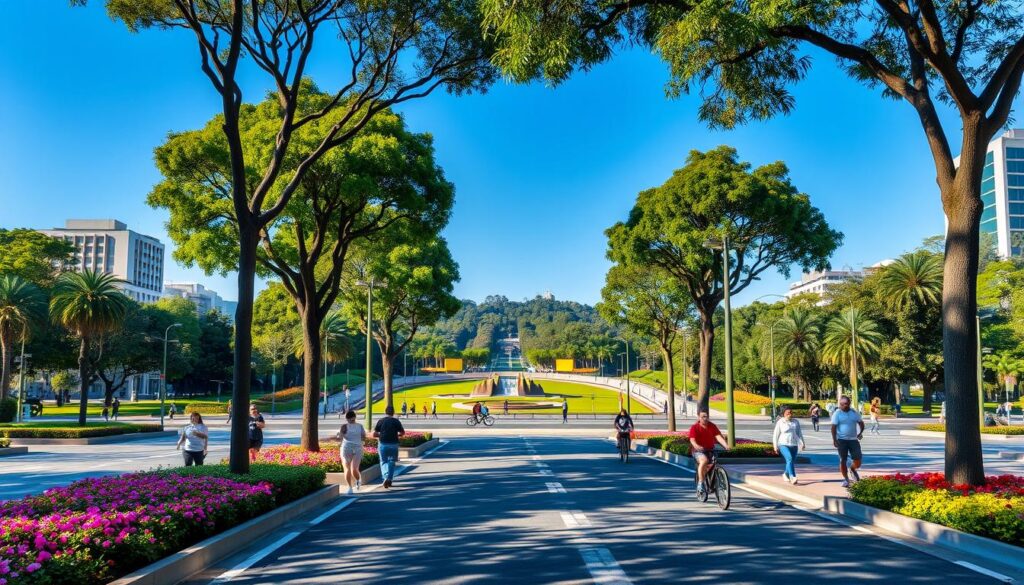 A vibrant urban scene showcasing the access avenues of Parque do Ingá in Zona 03. In the foreground, beautifully landscaped avenues lined with well-maintained trees and flowering plants, inviting pedestrians and cyclists. In the middle ground, a modern city street bustling with activity: families walking, joggers enjoying the park's atmosphere, and commuters on bicycles. The background features the lush greenery of Parque do Ingá, with its sprawling lawns and vibrant flora under a clear blue sky. Soft sunlight bathes the scene, creating a warm and welcoming mood. Capture this scene from a low angle to emphasize the depth of the avenues leading towards the park, ensuring a dynamic and engaging perspective. No people should be in revealing clothing, maintaining professionalism in appearance. A vibrant urban scene showcasing the access avenues of Parque do Ingá in Zona 03. In the foreground, beautifully landscaped avenues lined with well-maintained trees and flowering plants, inviting pedestrians and cyclists. In the middle ground, a modern city street bustling with activity: families walking, joggers enjoying the park's atmosphere, and commuters on bicycles. The background features the lush greenery of Parque do Ingá, with its sprawling lawns and vibrant flora under a clear blue sky. Soft sunlight bathes the scene, creating a warm and welcoming mood. Capture this scene from a low angle to emphasize the depth of the avenues leading towards the park, ensuring a dynamic and engaging perspective. No people should be in revealing clothing, maintaining professionalism in appearance.