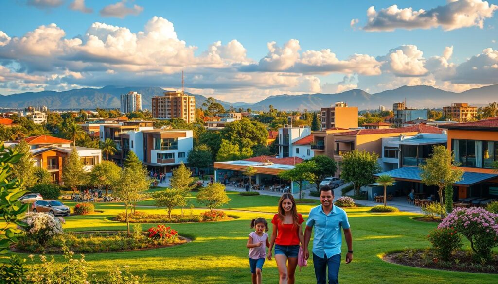 A vibrant urban scene showcasing the best neighborhoods in Maringá, Brazil. In the foreground, a modern family enjoying a stroll in a well-kept park, surrounded by lush greenery and blooming flowers. In the middle ground, a diverse mix of residential buildings, featuring contemporary architecture and cozy cafes with outdoor seating, showcasing a lively atmosphere. The background features a blue sky filled with fluffy clouds and distant hills, symbolizing the region's natural beauty. The lighting is warm and inviting, with a golden hour glow that enhances the peaceful and friendly vibe of the neighborhoods. The scene conveys a sense of community, security, and a balanced lifestyle, perfect for living and leisure. A vibrant urban scene showcasing the best neighborhoods in Maringá, Brazil. In the foreground, a modern family enjoying a stroll in a well-kept park, surrounded by lush greenery and blooming flowers. In the middle ground, a diverse mix of residential buildings, featuring contemporary architecture and cozy cafes with outdoor seating, showcasing a lively atmosphere. The background features a blue sky filled with fluffy clouds and distant hills, symbolizing the region's natural beauty. The lighting is warm and inviting, with a golden hour glow that enhances the peaceful and friendly vibe of the neighborhoods. The scene conveys a sense of community, security, and a balanced lifestyle, perfect for living and leisure.
