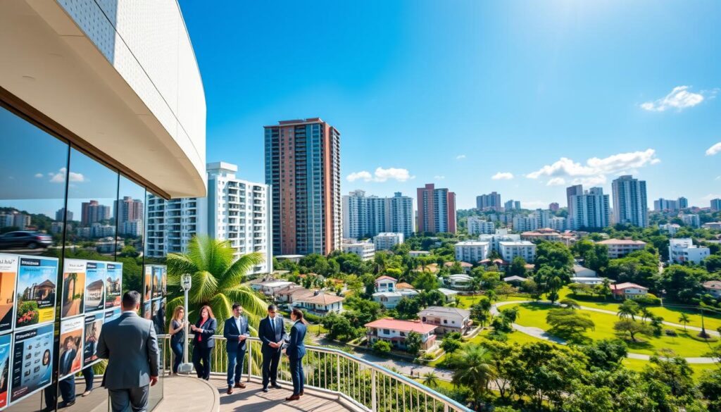 A vibrant urban scene showcasing the real estate market of Maringá, Brazil. In the foreground, a modern real estate office with glass windows displaying property listings and professional agents dressed in smart business attire interacting with clients. In the middle ground, a diverse array of residential buildings, both standard condominiums and private villas, demonstrating the architectural variety of Maringá. The background features lush greenery and well-maintained parks typical of the region, with clear blue skies and warm sunlight filtering through trees, creating a welcoming atmosphere. The focus should convey a sense of growth and opportunity, with a slight upward angle to emphasize the thriving market. A vibrant urban scene showcasing the real estate market of Maringá, Brazil. In the foreground, a modern real estate office with glass windows displaying property listings and professional agents dressed in smart business attire interacting with clients. In the middle ground, a diverse array of residential buildings, both standard condominiums and private villas, demonstrating the architectural variety of Maringá. The background features lush greenery and well-maintained parks typical of the region, with clear blue skies and warm sunlight filtering through trees, creating a welcoming atmosphere. The focus should convey a sense of growth and opportunity, with a slight upward angle to emphasize the thriving market.