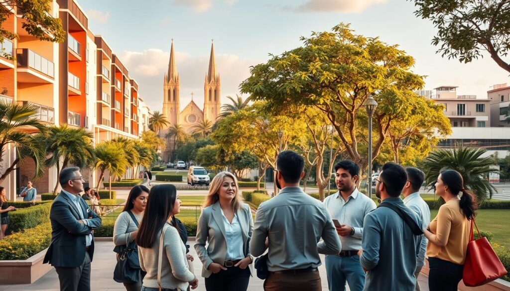 A vibrant urban scene showcasing the strategic location of Zona 7 in Maringá. In the foreground, a diverse group of professionals in smart casual attire engages in animated discussion, highlighting the area's community feel. The middle ground features modern residential buildings with balconies, lush green parks, and well-kept sidewalks, creating an inviting atmosphere. In the background, iconic landmarks of Maringá are visible, such as the towering Cathedral and distinctive skyline, bathed in warm, golden sunlight to evoke a sense of optimism and growth. The angle is slightly elevated to give a panoramic view, capturing the essence of a thriving neighborhood. The mood is dynamic and aspirational, emphasizing why Zona 7 is a sought-after area. A vibrant urban scene showcasing the strategic location of Zona 7 in Maringá. In the foreground, a diverse group of professionals in smart casual attire engages in animated discussion, highlighting the area's community feel. The middle ground features modern residential buildings with balconies, lush green parks, and well-kept sidewalks, creating an inviting atmosphere. In the background, iconic landmarks of Maringá are visible, such as the towering Cathedral and distinctive skyline, bathed in warm, golden sunlight to evoke a sense of optimism and growth. The angle is slightly elevated to give a panoramic view, capturing the essence of a thriving neighborhood. The mood is dynamic and aspirational, emphasizing why Zona 7 is a sought-after area.