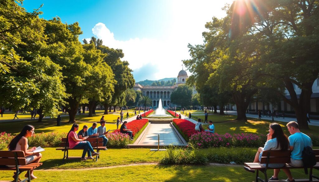 A vibrant view of Jardim Aclimação in Maringá, featuring lush green trees and well-maintained gardens. In the foreground, students in modest casual clothing are engaged in study groups and socializing on park benches, creating a sense of community. The middle ground showcases a picturesque pathway lined with colorful flowers, with a fountain glistening in the sunlight. In the background, the iconic architecture of nearby buildings is visible, framed by a bright blue sky with soft, fluffy clouds. The lighting is warm and inviting, capturing the late afternoon sun to create a welcoming atmosphere. The scene embodies a peaceful yet lively ambiance, perfect for students seeking a tranquil place to live and study. A vibrant view of Jardim Aclimação in Maringá, featuring lush green trees and well-maintained gardens. In the foreground, students in modest casual clothing are engaged in study groups and socializing on park benches, creating a sense of community. The middle ground showcases a picturesque pathway lined with colorful flowers, with a fountain glistening in the sunlight. In the background, the iconic architecture of nearby buildings is visible, framed by a bright blue sky with soft, fluffy clouds. The lighting is warm and inviting, capturing the late afternoon sun to create a welcoming atmosphere. The scene embodies a peaceful yet lively ambiance, perfect for students seeking a tranquil place to live and study.