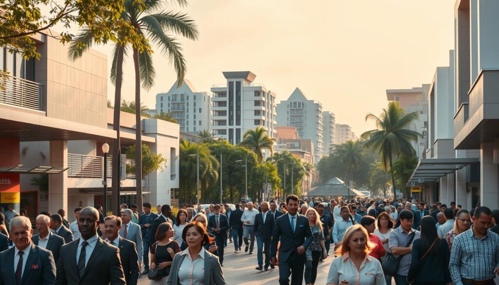 A vibrant view of Maringá, Brazil, showcasing the city's distinctive architecture and urban landscape. In the foreground, depict a busy street filled with people dressed in professional business attire and modest casual clothing, engaging in daily activities. In the middle ground, illustrate modern buildings with unique designs, reflecting the essence of IPTU (Urban Property Tax). The background should feature lush greenery and palm trees characteristic of the region, bathed in warm sunlight to create a welcoming atmosphere. Use a slightly elevated angle to capture the hustle and bustle of the area, while soft diffused lighting enhances the inviting mood of the scene. The overall composition should evoke a sense of community and urban life, highlighting the importance of urban taxation in Maringá. A vibrant view of Maringá, Brazil, showcasing the city's distinctive architecture and urban landscape. In the foreground, depict a busy street filled with people dressed in professional business attire and modest casual clothing, engaging in daily activities. In the middle ground, illustrate modern buildings with unique designs, reflecting the essence of IPTU (Urban Property Tax). The background should feature lush greenery and palm trees characteristic of the region, bathed in warm sunlight to create a welcoming atmosphere. Use a slightly elevated angle to capture the hustle and bustle of the area, while soft diffused lighting enhances the inviting mood of the scene. The overall composition should evoke a sense of community and urban life, highlighting the importance of urban taxation in Maringá.