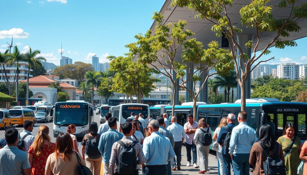 A vibrant view of Maringá's bus station area during the day, showcasing a busy and lively atmosphere. In the foreground, a diverse group of people in professional attire and modest casual clothing are waiting at the bus stop, highlighting the community aspect. The middle ground features the modern architecture of the rodoviária, with its sleek lines and large glass windows reflecting the sunlight. Various city buses are parked, ready for passengers, and trees line the street adding greenery. In the background, the skyline of Maringá can be seen with distant buildings under a bright blue sky, indicating a thriving urban environment. The lighting is bright and natural, capturing the essence of a bustling day, creating an inviting and hopeful mood. A vibrant view of Maringá's bus station area during the day, showcasing a busy and lively atmosphere. In the foreground, a diverse group of people in professional attire and modest casual clothing are waiting at the bus stop, highlighting the community aspect. The middle ground features the modern architecture of the rodoviária, with its sleek lines and large glass windows reflecting the sunlight. Various city buses are parked, ready for passengers, and trees line the street adding greenery. In the background, the skyline of Maringá can be seen with distant buildings under a bright blue sky, indicating a thriving urban environment. The lighting is bright and natural, capturing the essence of a bustling day, creating an inviting and hopeful mood.