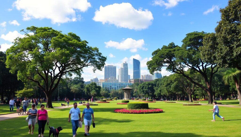 A vibrant view of Parque Ingá in Maringá, showcasing its lush greenery and well-maintained walking paths. In the foreground, include families and friends enjoying a leisurely day in the park, dressed in casual yet appropriate clothing, perhaps having a picnic or walking their dogs. In the middle ground, highlight the park's iconic trees and manicured flower beds. The background should feature the modern skyline of Maringá, with office buildings and residential complexes visible under a bright blue sky dotted with a few fluffy clouds. The scene is well-lit, evoking a cheerful and inviting atmosphere, captured from a slightly elevated angle to provide a comprehensive view of both the park and the surrounding urban environment. A vibrant view of Parque Ingá in Maringá, showcasing its lush greenery and well-maintained walking paths. In the foreground, include families and friends enjoying a leisurely day in the park, dressed in casual yet appropriate clothing, perhaps having a picnic or walking their dogs. In the middle ground, highlight the park's iconic trees and manicured flower beds. The background should feature the modern skyline of Maringá, with office buildings and residential complexes visible under a bright blue sky dotted with a few fluffy clouds. The scene is well-lit, evoking a cheerful and inviting atmosphere, captured from a slightly elevated angle to provide a comprehensive view of both the park and the surrounding urban environment.