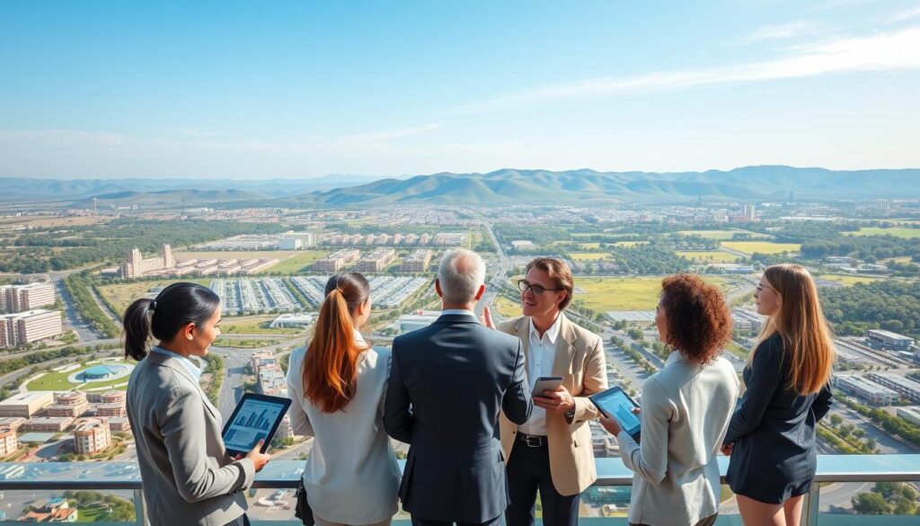A vibrant view of a modern regional hub illustrating growth and development. In the foreground, a diverse group of professionals in business attire engaged in a discussion, holding charts and tablets showcasing data. The middle ground features a sprawling landscape of new buildings, infrastructure, and green spaces, symbolizing development, with well-maintained roads and urban design. In the background, rolling hills and a clear blue sky suggesting a prosperous atmosphere. Soft, warm lighting enhances the sense of optimism. The scene captures a bustling vibrancy, highlighting the energies of entrepreneurship and community, creating an inviting palette that reflects hope and potential. A vibrant view of a modern regional hub illustrating growth and development. In the foreground, a diverse group of professionals in business attire engaged in a discussion, holding charts and tablets showcasing data. The middle ground features a sprawling landscape of new buildings, infrastructure, and green spaces, symbolizing development, with well-maintained roads and urban design. In the background, rolling hills and a clear blue sky suggesting a prosperous atmosphere. Soft, warm lighting enhances the sense of optimism. The scene captures a bustling vibrancy, highlighting the energies of entrepreneurship and community, creating an inviting palette that reflects hope and potential.