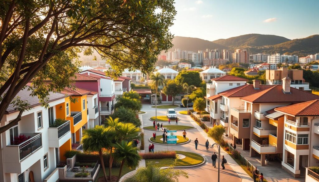 A vibrant view of residential neighborhoods in Maringá, Brazil, showcasing well-kept homes and bustling urban life. In the foreground, depict a tree-lined street with modern, colorful houses featuring balconies and gardens, embodying a welcoming atmosphere. In the middle ground, include a small park with families enjoying leisure time, and streets lined with real estate signage advertising homes for sale. The background should feature the city's signature architecture, including unique buildings and lush hills. Capture the scene during golden hour, with warm sunlight illuminating the homes and casting soft shadows. Use a wide-angle lens effect to provide depth and a sense of openness, creating an inviting mood that reflects the community spirit. A vibrant view of residential neighborhoods in Maringá, Brazil, showcasing well-kept homes and bustling urban life. In the foreground, depict a tree-lined street with modern, colorful houses featuring balconies and gardens, embodying a welcoming atmosphere. In the middle ground, include a small park with families enjoying leisure time, and streets lined with real estate signage advertising homes for sale. The background should feature the city's signature architecture, including unique buildings and lush hills. Capture the scene during golden hour, with warm sunlight illuminating the homes and casting soft shadows. Use a wide-angle lens effect to provide depth and a sense of openness, creating an inviting mood that reflects the community spirit.