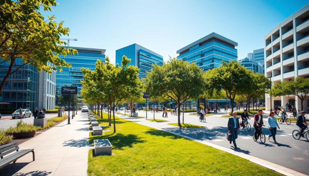A vibrant view of the Civic Center area in Maringá, showcasing contemporary architecture and lush green spaces. In the foreground, a well-maintained walkway lined with trees and modern benches invites visitors. The middle ground features impressive buildings, characterized by sleek lines and glass facades, reflecting sunlight. Captured under a bright blue sky, the background reveals a blend of urban life, with pedestrians in professional business attire enjoying the space, and cyclists passing by. The overall atmosphere is lively and optimistic, conveying a sense of growth and investment potential. The image should be taken with a wide-angle lens to capture the expansive view, with soft but bright lighting enhancing the vibrancy of the scene. A vibrant view of the Civic Center area in Maringá, showcasing contemporary architecture and lush green spaces. In the foreground, a well-maintained walkway lined with trees and modern benches invites visitors. The middle ground features impressive buildings, characterized by sleek lines and glass facades, reflecting sunlight. Captured under a bright blue sky, the background reveals a blend of urban life, with pedestrians in professional business attire enjoying the space, and cyclists passing by. The overall atmosphere is lively and optimistic, conveying a sense of growth and investment potential. The image should be taken with a wide-angle lens to capture the expansive view, with soft but bright lighting enhancing the vibrancy of the scene.