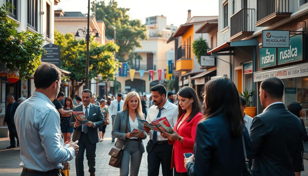A vibrant view of the centro area in Mandaguari, Paraná, showcasing a bustling street scene. In the foreground, a diverse group of professional individuals, dressed in business attire, engage in conversation while looking at property brochures. The middle ground features a charming selection of local real estate agency storefronts, adorned with visible listings and real estate signs. In the background, traditional Brazilian architecture lines the street, embellished with colorful banners and lush greenery. The lighting is warm and inviting, reminiscent of late afternoon sun, casting soft shadows. The mood is lively and optimistic, reflecting a sense of community and opportunity in the real estate market. Capture this scene from an eye-level angle to immerse the viewer in the action. A vibrant view of the centro area in Mandaguari, Paraná, showcasing a bustling street scene. In the foreground, a diverse group of professional individuals, dressed in business attire, engage in conversation while looking at property brochures. The middle ground features a charming selection of local real estate agency storefronts, adorned with visible listings and real estate signs. In the background, traditional Brazilian architecture lines the street, embellished with colorful banners and lush greenery. The lighting is warm and inviting, reminiscent of late afternoon sun, casting soft shadows. The mood is lively and optimistic, reflecting a sense of community and opportunity in the real estate market. Capture this scene from an eye-level angle to immerse the viewer in the action.